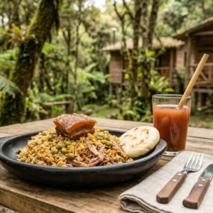Plato de lechona Bogotá rural servido al aire libre en la reserva Bio Casa Colibrí.